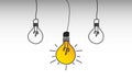 Bulb that differs from a group, on a grey background. Concept ideas, creativity, standing out in a working group. Vector