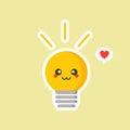 bulb flat design vector illustration. Shining yellow light bulbon color background. Emoji lightbulb with funny emotion. Hand-drawn