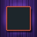 Bulb frame with empty space on purple theater curtains background. Vector design element. Space for text, advertisement. Blank