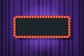 Bulb frame with empty space on purple theater curtains background. Vector design element. Space for text, advertisement. Blank