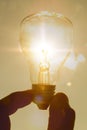 A bulb of glass in the hands against the background Royalty Free Stock Photo