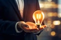 a bulb in hand of businessman, creative concept, focus to hand, Generated AI