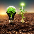 Bulb illuminating green grass, symbolizing green power, environmental protection