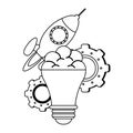 Bulb light with brain start up rocket and gears black and white