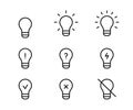 Bulb light different, line icon set. Lightbulb symbol as idea concept sign. Lamp simple outline. Vector