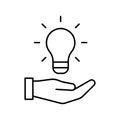 Bulb light in hand, line icon. Lightbulb symbol as idea concept sign. Lamp simple outline. Vector Royalty Free Stock Photo