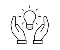 Bulb light in hand, line icon. Lightbulb symbol as idea concept sign. Lamp simple outline. Vector Royalty Free Stock Photo