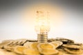 The bulb is placed stack of coins, the bulb is lit in darkness. Image use for finding a way out in the dark Royalty Free Stock Photo