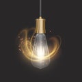 The bulb in retro style on dark substrate, glowing light bulb in realistic style Vector illustration Royalty Free Stock Photo