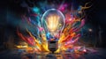 A bulb-shaped lamp shining brightly in an explosion of colorful inspiration ultra realistic illustration - Generative AI