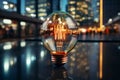 Bulb shines in a business environment, symbolizing a successful conceptualization