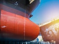 Close up Frontal view, Bulbous bow ship mooring in floating dry dock