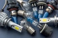 Bulbs for headlight. Auto electric lamp as modern technology on dark background