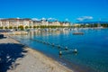 Buldings behind a lakeside promenade of the swiss city Geneva, S