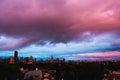 Buldings and catheral during sunset in Maringa, Parana, Brazil Royalty Free Stock Photo