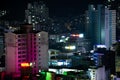 Buldings and skyscrapers in Okpo downtown, Geoje island, South Korea at night. Royalty Free Stock Photo