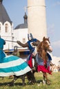 Bulgar, Russian Federation - August 2018, - knights in armor fighting at the festival of the middle ages