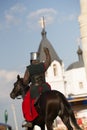 Bulgar, Russian Federation - August 2018, - a man in iron armor sits on a horse with a raised hand holding a sword