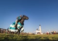 Bulgar, Russian Federation - August 2018, - a man in a knight`s armor and a blue mantle on a horse in front of the