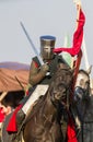 Bulgar, Russian Federation - August 2018, - man in knight`s armor sitting on a horse