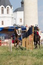 Bulgar, Russian Federation - August 2018, - performance of men in knight costumes on horseback in front of the audience