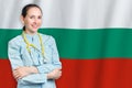 Bulgaria healthcare concept with doctor on background. Medical insurance, work or study in the country