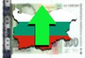 Bulgaria map on Bulgarian Lev money background and green arrow up