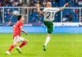 Bulgaria national football team winger Momchil Tsvetanov against Russia defender Vyacheslav Karavayev during international Royalty Free Stock Photo