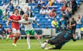 Bulgaria national football team winger Momchil Tsvetanov against Russia goalkeeper Anton Shunin during international friendly Royalty Free Stock Photo