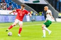 Bulgaria national football team winger Momchil Tsvetanov against Russia midfielder Daler Kuzyaev during international friendly Royalty Free Stock Photo