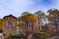 Bulgaria. Old soviet style houses with magnificent painting made of mosaics with autumn colors