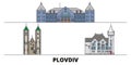 Bulgaria, Plovdiv flat landmarks vector illustration. Bulgaria, Plovdiv line city with famous travel sights, skyline