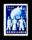 Bulgaria postage stamp shows people defend the peace, International Workers day, circa 1955