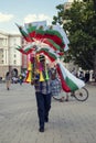 Bulgaria, Sofia, September 10, 2020: Man selling national flags and whistles
