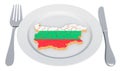 Bulgarian cuisine concept. Plate with map of Bulgaria. 3D rendering