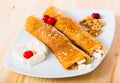 Bulgarian dish of pancakes with filling from brynza and walnuts Royalty Free Stock Photo