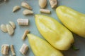 Bulgarian green yellow paprika pepper on the table for harvesting and preserving closeup. Country stocks of vegetables