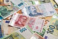 Bulgarian Leva and Euro Banknotes Scattered Full Frame Background Royalty Free Stock Photo
