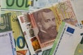 Bulgarian Leva and Euro Banknotes Scattered Full Frame Background Royalty Free Stock Photo