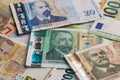 Bulgarian Leva and Euro Banknotes Scattered Full Frame Background Royalty Free Stock Photo