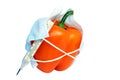 Bulgarian pepper in medical mask with thermometer