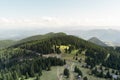 Bulgarian ski resort Pamporovo summer season. Aerial view of green mountains forest, Rhodope Bulgaria. Hike. eco tourism Royalty Free Stock Photo