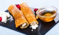 Bulgarian crepes Palatschinke on black board Royalty Free Stock Photo