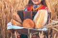 Bulgarian woman  or young girl in traditional folklore dress holds in hands golden wheat and freshly baked homemade bread in a bag Royalty Free Stock Photo