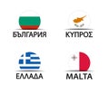 Bulgary, Cyprus, Greece and Malta. Set of four Bulgarian, Cyprus, Greek and Malta stickers. Simple icons with flags