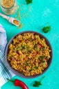 Bulgur with chicken and vegetables. Delicious healthy warm salad on a bright background. Bulgur pilaf. Royalty Free Stock Photo