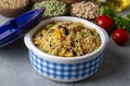 Bulgur pilaf with legumes with peas, beans and corn kernels Royalty Free Stock Photo