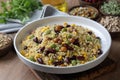 Bulgur pilaf with legumes with peas, beans and corn kernels Royalty Free Stock Photo