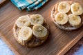 Bulgur Rice Cakes with Sliced Bananas and Peanut Butter / Round Crackers Royalty Free Stock Photo