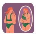 Bulimia, anorexia, phobia of overweight concept. Woman looks in mirror, fear to eat, afraid about weight, control